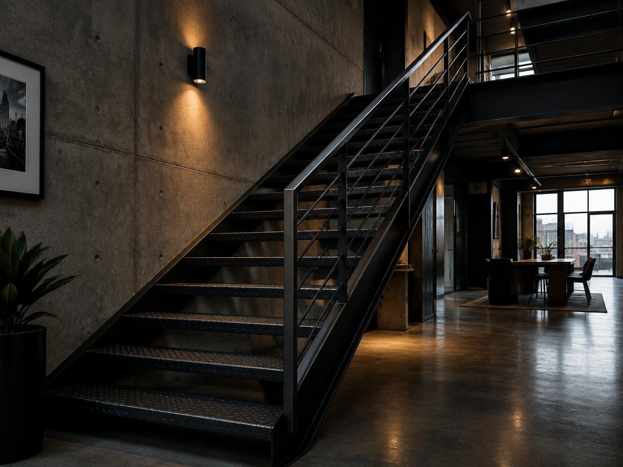 Escada metálica residencial com guarda-corpo de aço